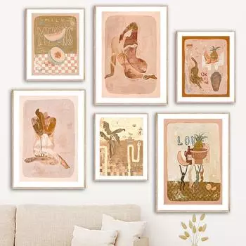 Абстрактная девушка силуэт пейзаж папайя настенная живопись на холсте плакаты на скандинавскую тему и принты настенные панно для декора гостиной 21cm30cm NoFrame