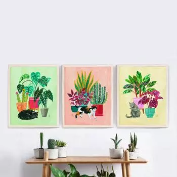 Абстрактная домашняя картина с принтом растений, картина маслом с изображением кота, животного, плакат, скандинавская стена, гостиная, спальня, украшение для дома 21cm30cm NoFrame