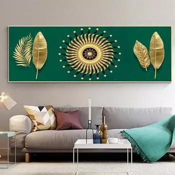 Абстрактная геометрическая картина на холсте с позолоченными листьями, скандинавские постеры и принты, настенные художественные фотографии, современный домашний декор для гостиной, без рамки 20*40cm