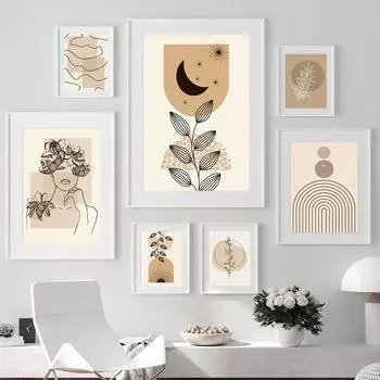 Абстрактная геометрическая линия, лист, девушка, солнце, луна, настенная живопись на холсте, скандинавские постеры и принты, фотографии, настенные рисунки для декора гостиной 21cm30cm NoFrame