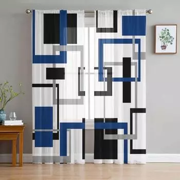 Абстрактная геометрия Квадрат Современное искусство Черный Синий Прозрачные шторы Украшение гостиной Оконная штора Кухня Тюль Вуаль Шторы W135 x H115cm x1&Rod Pocket