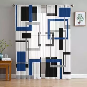 Абстрактная геометрия квадратные современные художественные черные синие прозрачные шторы для гостиной декор оконные шторы кухонные тюль вуаль шторы W135 x H115cm x1