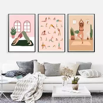 Абстрактная йога, черная девушка и комнатное растение, настенная живопись на холсте, плакаты на скандинавскую тему и принты, настенные панно для декора гостиной 21x30cm No Framed