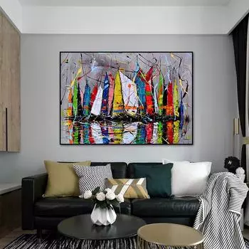 Абстрактная картина маслом, красочные граффити, парусная лодка, постеры и принты, холст, настенная картина для гостиной, домашний декор, без рамки 21*30cm