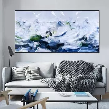Абстрактная картина маслом Куадро с перьями, эстамп, холст, постер, скандинавский синий художественный настенный рисунок для гостиной, дома 20cm40cm NoFrame