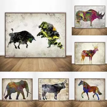Абстрактная картина маслом льва, слона, постер, настенное искусство, принты животных, украшение дикой природы, современная гостиная, дом 21cm30cm NoFrame
