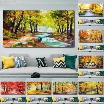 Абстрактная картина маслом Печать на холсте Пейзаж Осенний лес возле реки Холст Плакаты Оранжевые листья Настенное искусство Гостиная 20x40cm NO Frame