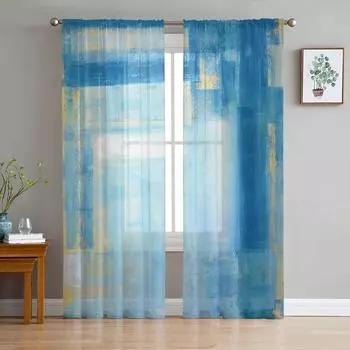 Абстрактная картина маслом синие прозрачные шторы для гостиной спальни домашний декор кухня тюль для окон вуаль шторы 135W x 114H(cm)