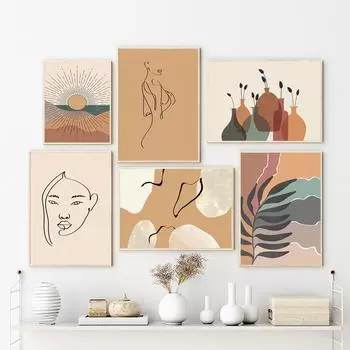 Абстрактная картина на холсте, геометрический пейзаж, линия листьев, девушка, плакаты на скандинавскую тему и принты, настенные художественные картинки для украшения гостиной 21cm30cm NoFrame