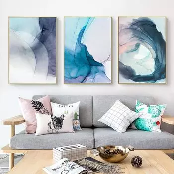 Абстрактная картина на холсте, настенное искусство, синие чернила, цветение, художественный принт, акварель, скандинавский постер, украшение, настенные панно для гостиной 21cm30cm NoFrame