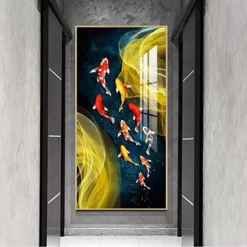 Абстрактная картина на холсте с изображением рыб-лотосов в золоте, современный постер, художественное произведение в китайском стиле, настенные картины для гостиной, офиса, домашнего декора, без рамки 20*40cm No Frame