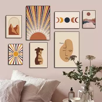 Абстрактная картина на холсте с изображением солнца и луны, горы, скандинавский минималистский стиль, линия лица, настенные художественные постеры и принты, изображение для декора гостиной 21cm30cm NoFrame