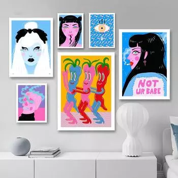 Абстрактная картина на холсте с изображением женщины-змеи Цветные овощи в стиле диско Ретро Эстетика Поп-арт Летучая мышь Девушка Постер Декор для дома в общежитии Печать Картины 21x30cm No Framed