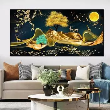 Абстрактная картина на холсте с пейзажем, золотой лось и деревья, холст, настенные художественные постеры и принты, картины для гостиной, без рамки 20x40cm no frame цитриновый