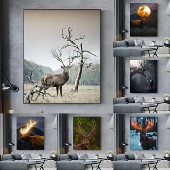Абстрактная картина на холсте с животными, картина с оленями, пейзаж, рога, постеры и принты для декора гостиной, украшения дома, Cuadros 21x30cm No Frame