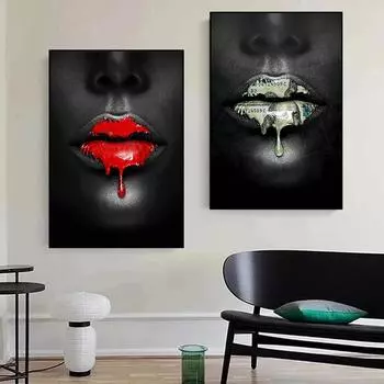 Абстрактная картина на холсте, сексуальная женщина, красные капающие губы, долларовые постеры и принты, настенное искусство, домашний декор, картинки для гостиной 21x30cm No Frame белый