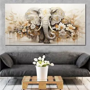 Абстрактная картина на холсте со слоном, настенное искусство, белые цветы, золотые листья, золотая текстура, постеры и принты для декора гостиной 30X60CM NO FRAME