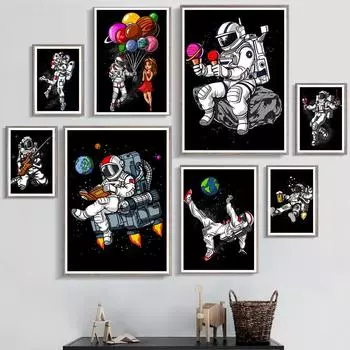 Абстрактная картина с изображением астронавта, футбольной гитары, настенная живопись на холсте, постеры на скандинавскую тему и принты, настенные панно для декора гостиной A4 21X30cm No Framed