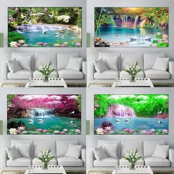 Абстрактная картина с лебедем, водопадом, лотосом, современные пейзажные постеры и принты, настенные панно для гостиной, домашний декор, без рамки 20x40cm no frame