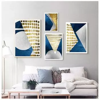 Абстрактная картина синего золота с луной, геометрическая картина с видом на горы, картина маслом, постер, искусство гостиной 21cm30cm NoFrame