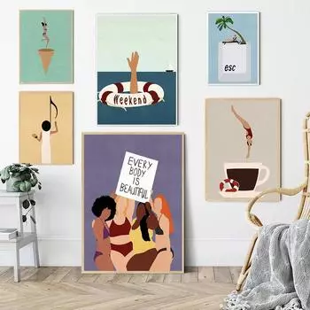Абстрактная кофейная чашка, настенное искусство, дайвинг, бассейн, холст, картина, отпускные принты, бикини, постер для девочек, женские фотографии для декора клубной комнаты 21x30cm No Framed