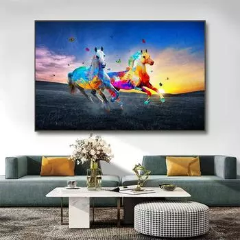 Абстрактная красочная гоночная лошадь, холст, настенная картина для гостиной, скандинавская картина, украшение для дома 21cm30cm NoFrame