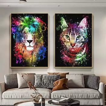 Абстрактная красочная картина с изображением льва и оленя, современное животное, настенная художественная работа, картина маслом, плакат 21cm30cm NoFrame