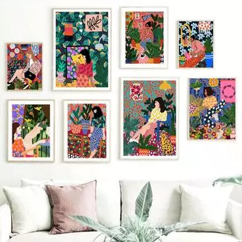 Абстрактная красочная модная девушка, растение, настенная живопись на холсте, скандинавский бохо, современный постер и принты, картина для декора гостиной 21*30cm