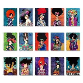 Абстрактная красочная настенная живопись для девочек, холст, картина, плакат на скандинавскую тему, цветок, волосы, куадрос, настенные панно для гостиной, винтажный декор 21x30cm