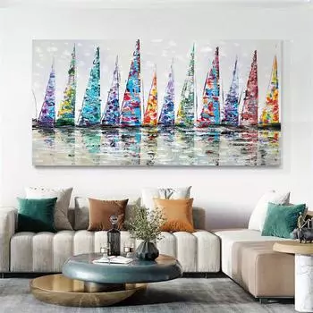 Абстрактная красочная парусная лодка картина маслом на холсте постер и печать настенное искусство для гостиной 20x40cm