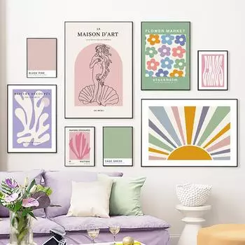 Абстрактная линия Анри Матисс Цветочный рынок Закат Wall Art Холст Картина Плакаты и принты Настенные картины для декора гостиной A4 21X30cm No Framed