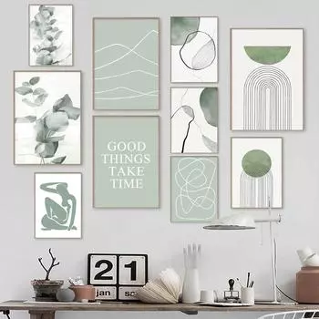 Абстрактная линия фигуры зеленые листья плакат Современная настенная живопись на холсте скандинавская минималистичная картина с принтом домашний декор для гостиной 21x30cm No Frame