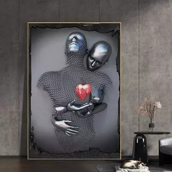 Абстрактная металлическая фигура, статуя, художественные постеры, принт, современное красное сердце, скульптура любовника, холст, живопись, настенные панно, домашний декор, Куадрос 20x30cm