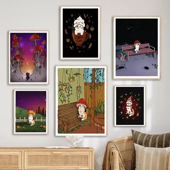 Абстрактная милая ситцевая грибная кошка, настенная живопись на холсте, плакат с растениями и принт, настенные панно для гостиной, украшения дома 21x30cm No Framed белый