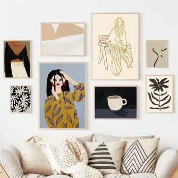 Абстрактная минималистская мода сексуальная девушка кофе цветок настенное искусство холст картина линия плакаты и печать гостиная украшение дома 21x30cm No Framed