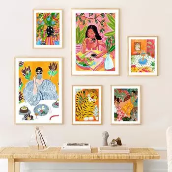 Абстрактная Мода Актуальная Девушка Тигр Красочные Цветы Стены Искусства Холст Картины Плакаты И Отпечатки Настенные Панно Для Декора Спальни Без Рамки 21*30cm