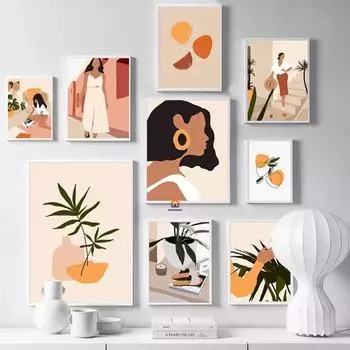 Абстрактная мода Девушка Бохо Настенное искусство Графическая картина на холсте Скандинавские постеры и принты Картина Современная гостиная Украшение дома 21x30cm No Framed