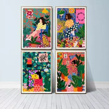 Абстрактная мода ретро цветок девушка настенная живопись маслом скандинавский плакат украшение настенная картина 21cm30cm NoFrame