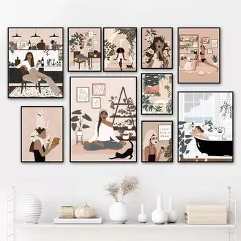 Абстрактная модная девушка, йога, отдых, чтение, напиток, купание, скандинавский плакат, настенные художественные принты, холст, картина, Декор, фотографии для гостиной A4 21X30cm No Framed