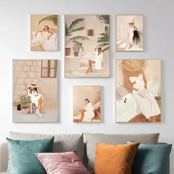 Абстрактная модная девушка, лето, чтение, лестница, отдых, настенная живопись на холсте, плакаты на скандинавскую тему и принты, Декор, картинки для гостиной 21cm30cm No Frame