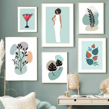 Абстрактная модная девушка с красным вином и листьями инжира, настенная живопись на холсте, плакаты на скандинавскую тему и принты, настенные панно для декора гостиной 21cm30cm NoFrame