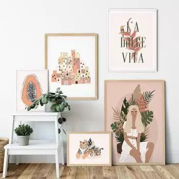 Абстрактная модная винтажная девушка с тигровым растением, настенная живопись на холсте, плакаты на скандинавскую тему и принты, настенные панно для декора гостиной, без рамки 21*30cm No Frame