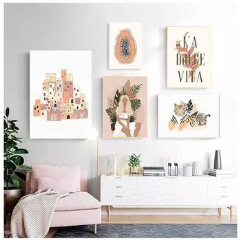 Абстрактная модная винтажная девушка с тигровым растением, настенная живопись на холсте, плакаты на скандинавскую тему и принты, настенные панно для декора гостиной, без рамки 21*30cm