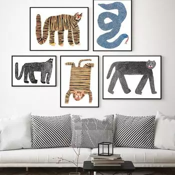 Абстрактная мультяшная Лев, Тигр, леопард, слон, настенная живопись на холсте, плакат на скандинавскую тему и принт, настенные панно, Декор для детской комнаты 21*30cm