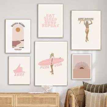 Абстрактная настенная живопись для серфинга для девочек, печать на холсте, Австралия, пляжные постеры Noosa, Бохо, закатные картинки для гостиной, домашний декор 21x30cm No Framed белый