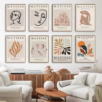 Абстрактная настенная живопись Матисса на холсте, скандинавские женские линии, постеры с коралловыми листьями и принты, настенные картины для декора гостиной без рамки 21*30cm