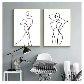 Абстрактная настенная живопись на холсте, плакаты на скандинавскую тему и принты, настенные панно для декора гостиной, черно-белые любовники, геометрическая кривая 21cm30cm NoFrame