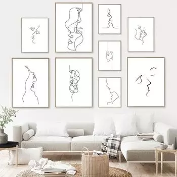 Абстрактная пара поцелуй линия рисунок настенный постер, черно-белые художественные принты, картина сердца, холст, минималистская картина, дом 21x30cm No Framed