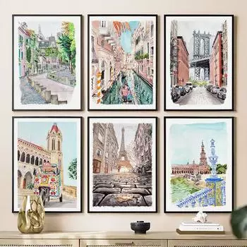 Абстрактная Парижская башня, Бруклинский мост, Венеция, настенная живопись на холсте, плакаты на скандинавскую тему и принты, настенные панно, декор для гостиной 21cm30cm NoFrame