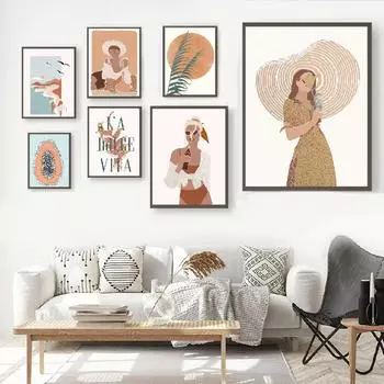 Абстрактная пляжная девушка, папайя, солнечный лист, скандинавская цитата, настенная живопись на холсте, постеры и принты, настенные панно для декора гостиной 21X30cm No Frame